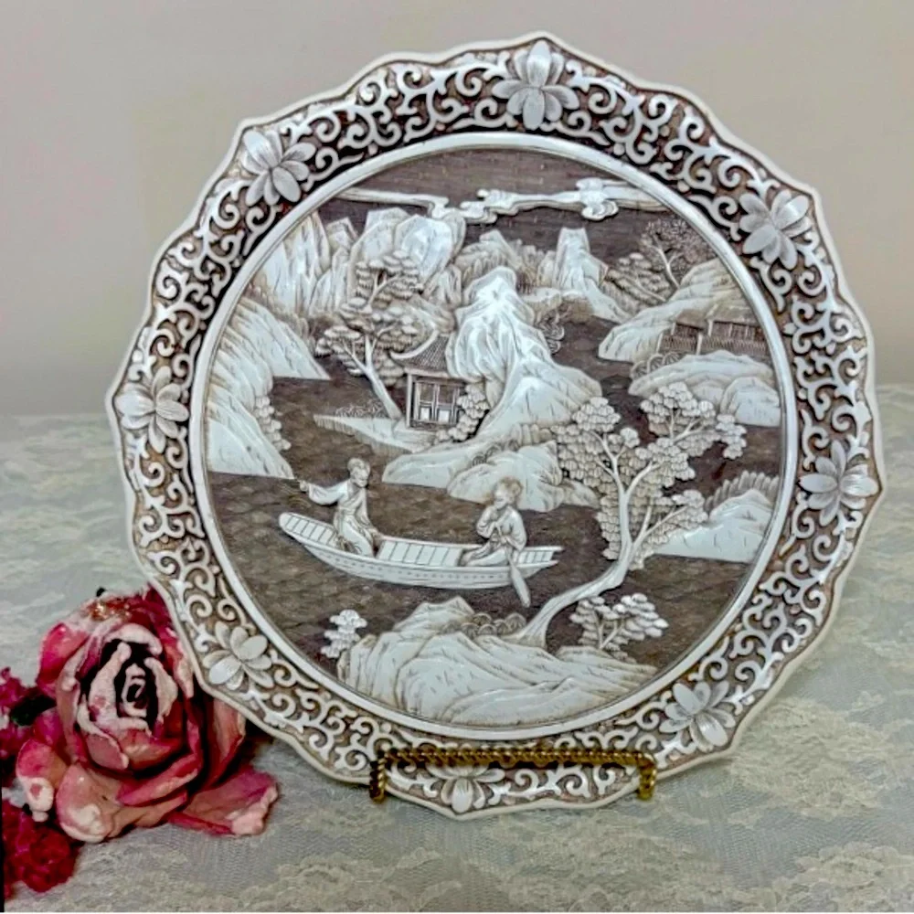 Vintage Asian Plate Ivory Dynasty Carved Art Sculpture Vintage Picture Plate